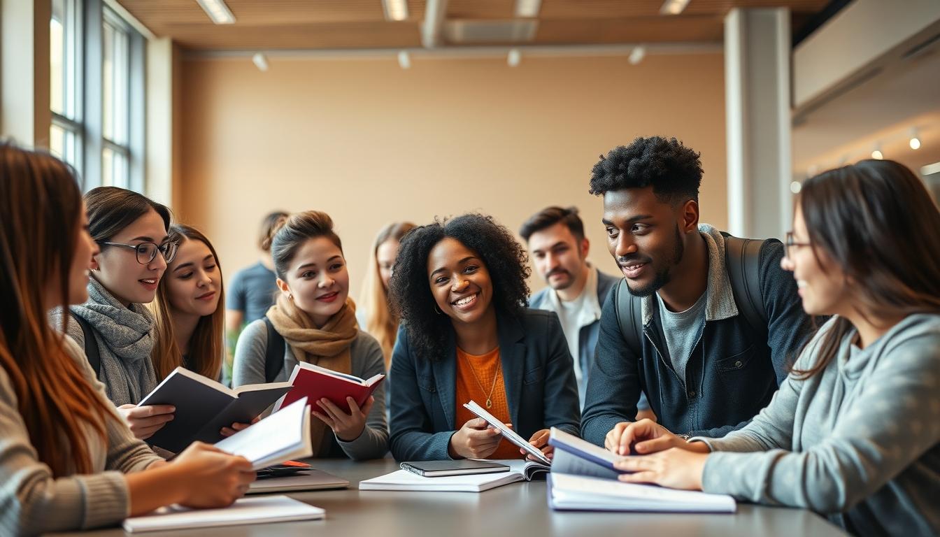 Students studying together in modern classroom